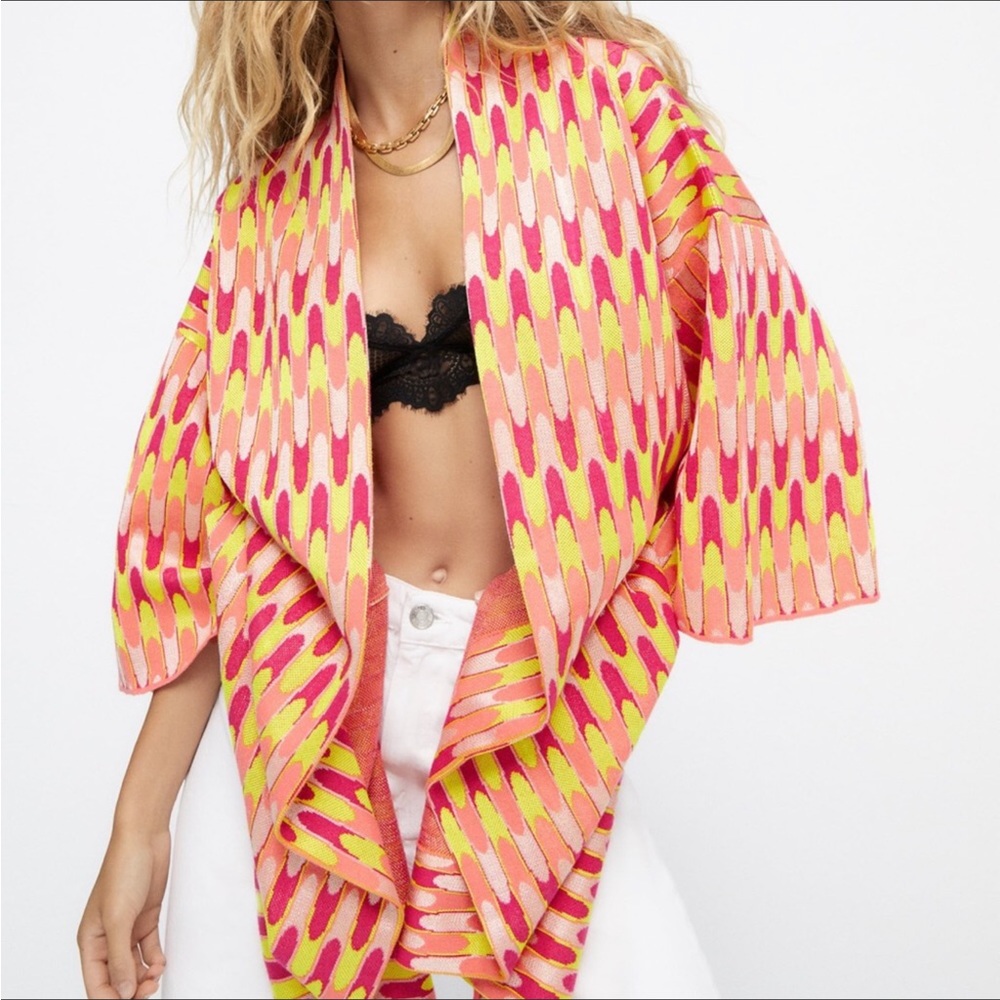 Zara Geo Print Jacquard Open Kimono Coat Duster below the elbow sleeves sz.M